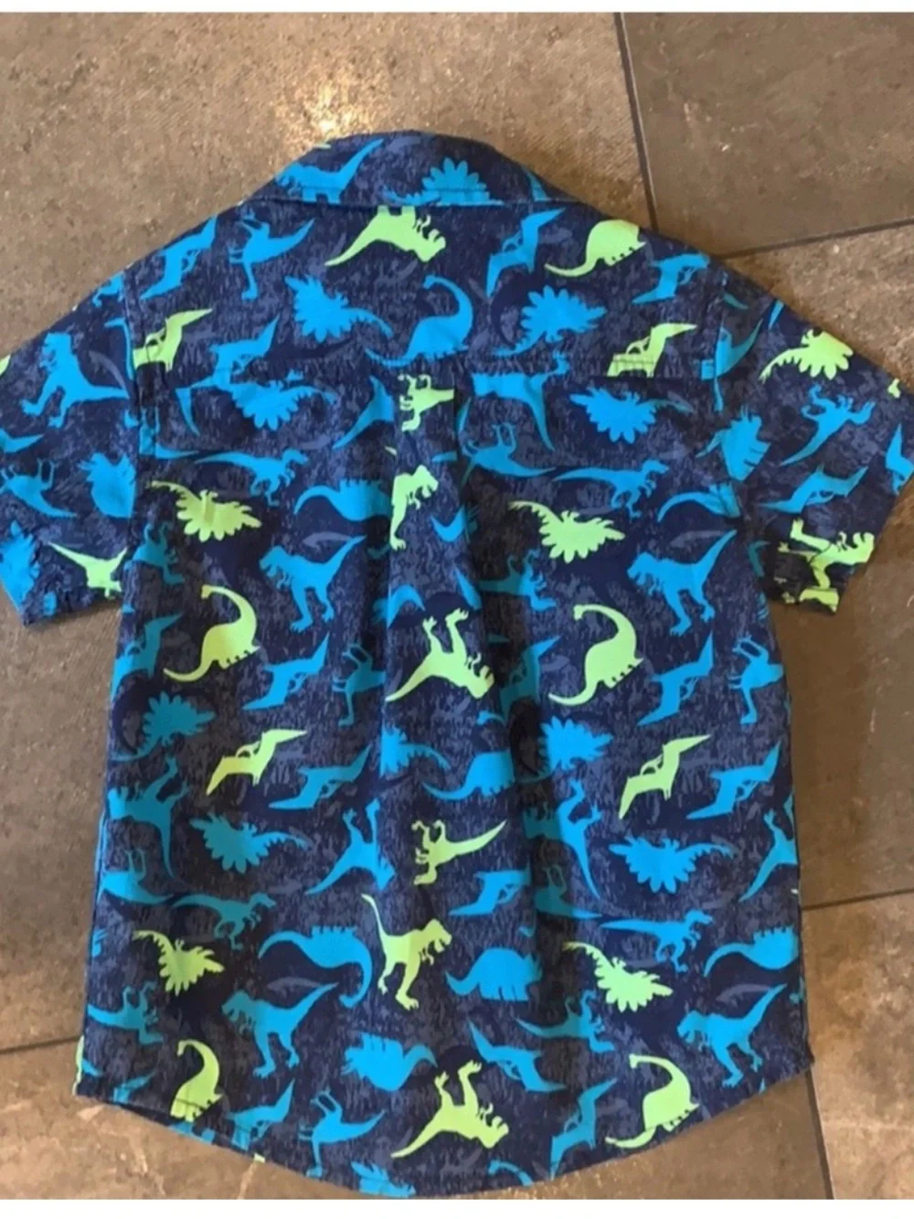 The Children's Place Navy Button-Down Shirt with Blue & Neon Green Dinosaurs 3T